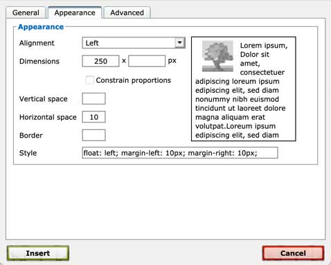 Image Appearance Dialog Box